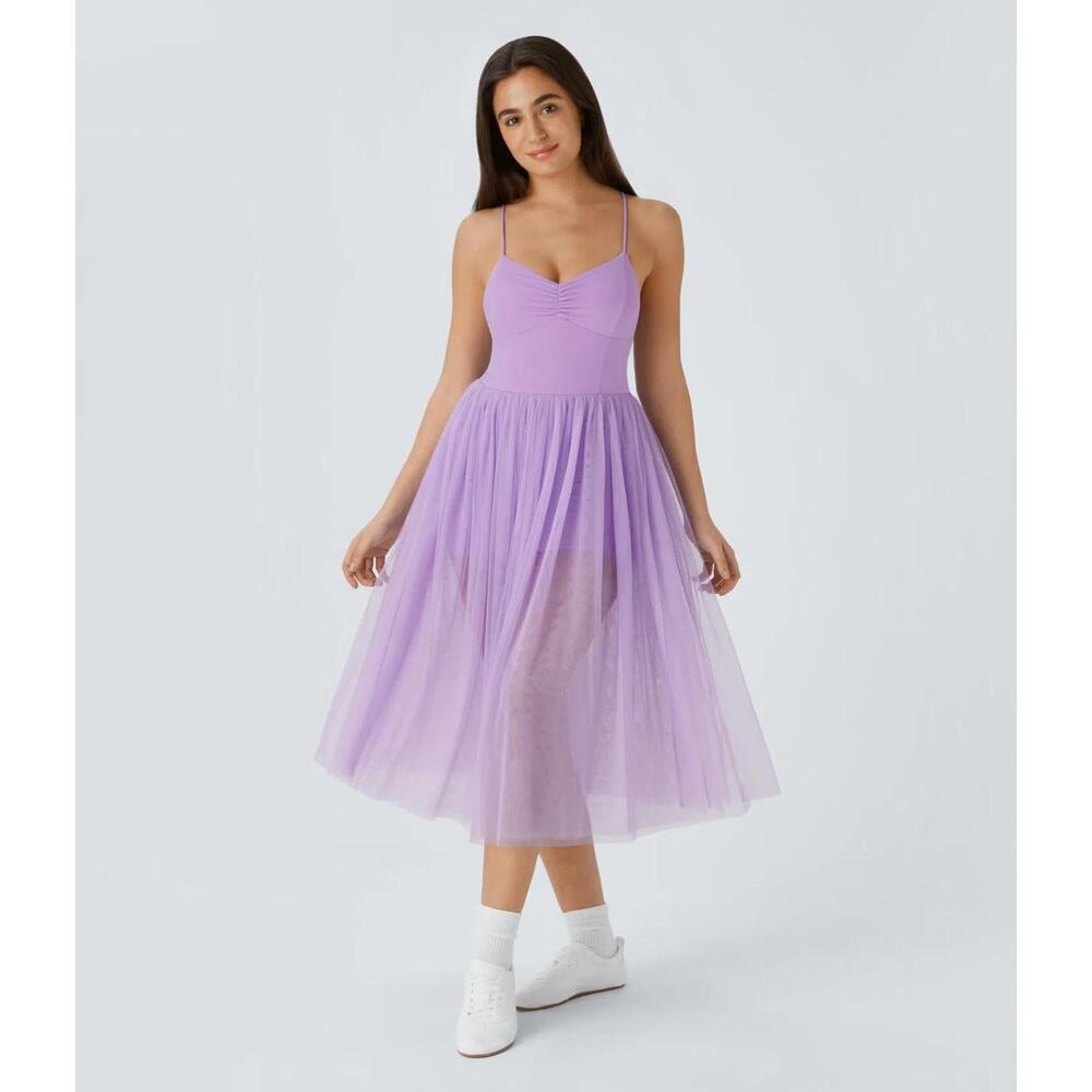 NWT Halara V Neck Ruched Lace Up Contrast Mesh Midi Casual Dress Orchid Bloom L